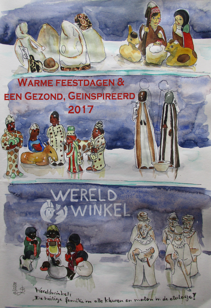 diverse kerstgroepen schets van etalage wereldwinkel