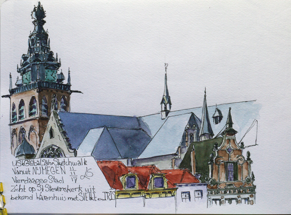 St Stevenskerk Nijmegen aquarelschets leideke steur