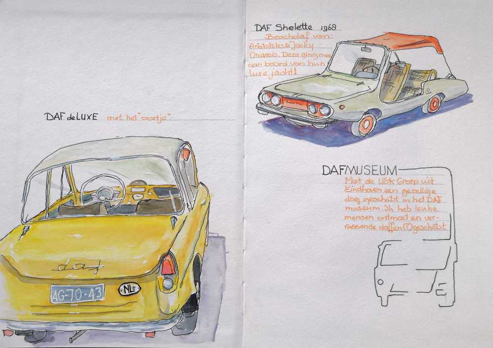 01-dafmuseum-dafdeluxe-w urban sketch van Dafdeluxe en Dafshelette in het Daf-museum