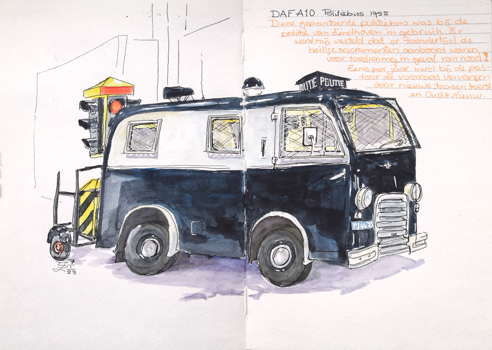 urban sketch van Daf A10 politiebus in het Daf-museum